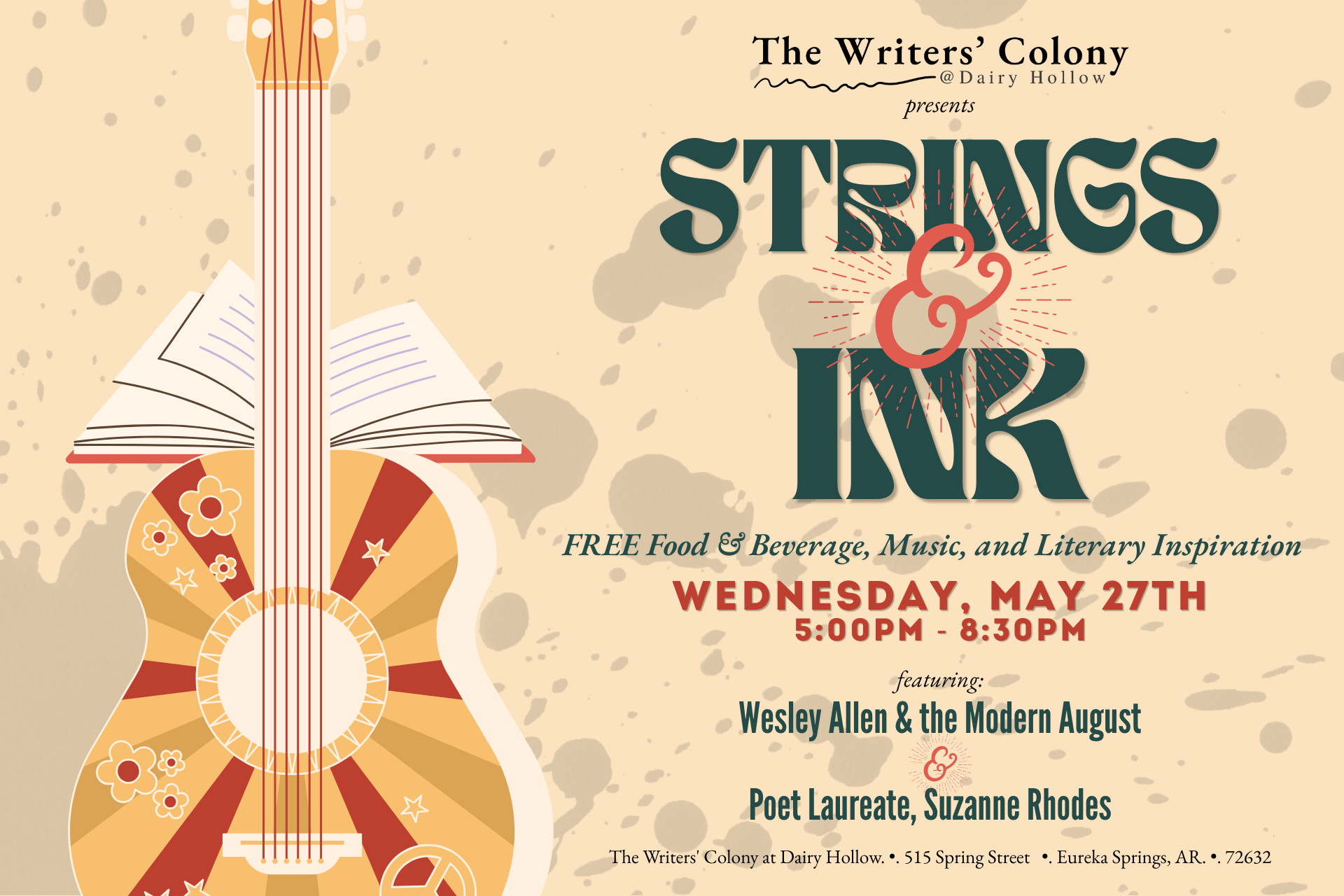 Strings & Ink event flyer — Wednesday, May 27, 5–8:30 PM at The Writers' Colony at Dairy Hollow