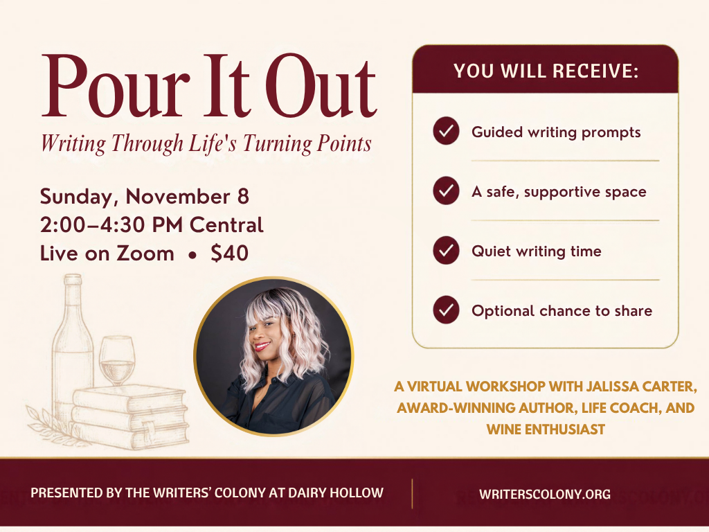 Jalissa Carter Virtual writing workshop Sunday November 8, 2026 2:00 PM- 4:30 PM